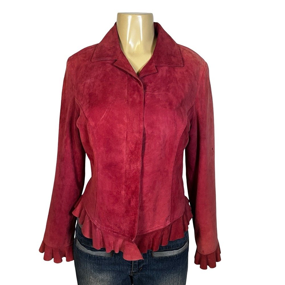 Cache Red Goat Suede Ruffle Trim‎ Jacket Womens Size M Button Front Blazer Berry